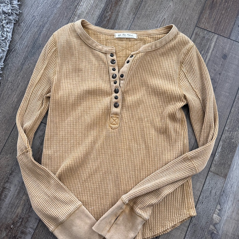 We The Free Beige Ribbed Long Sleeve Henley